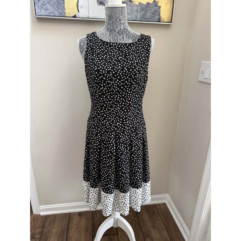 Lauren Ralph Lauren Dress Womens 10 Black White Polka Dot Sleeveless Fit Flare